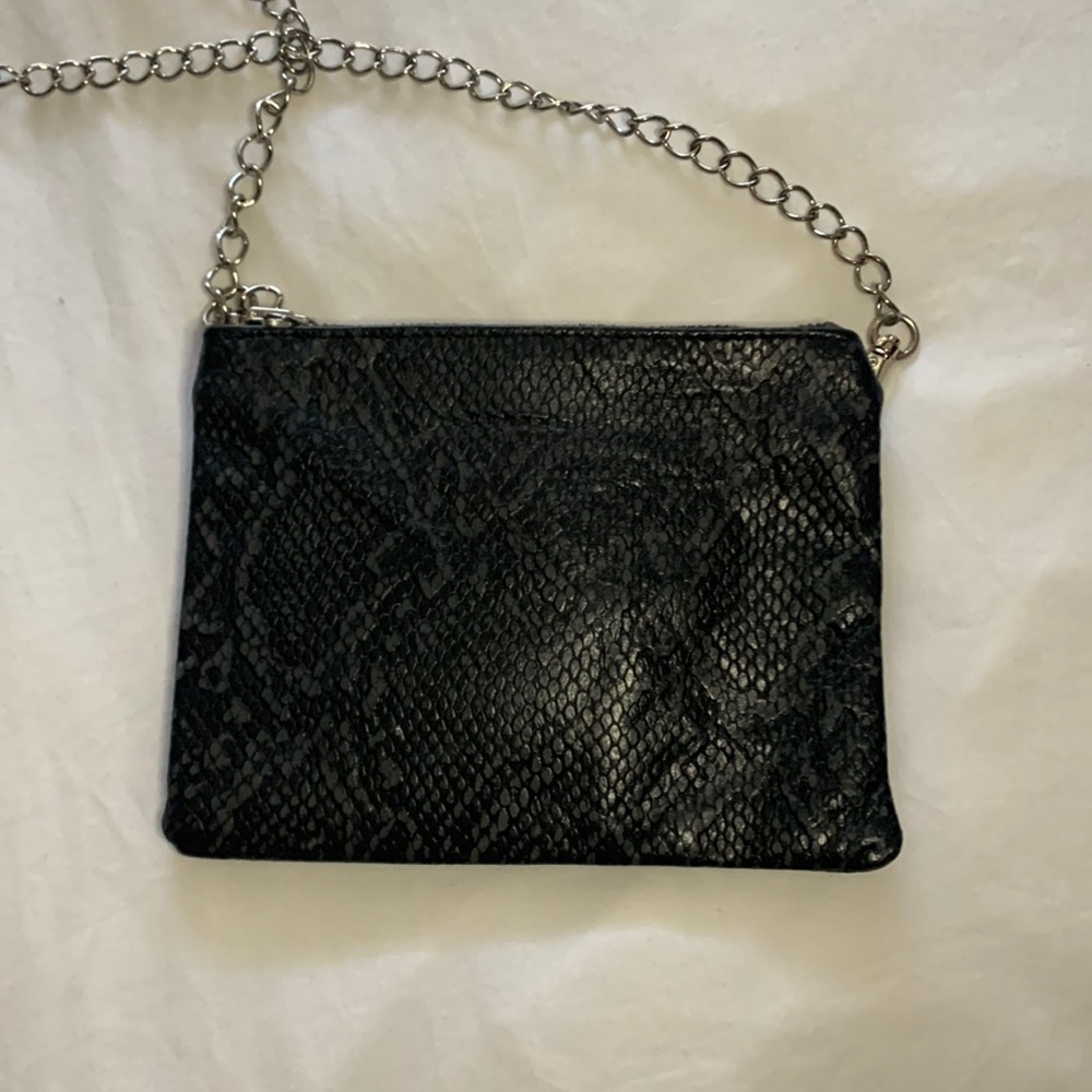 Real Leather “Snakeskin” Design Bag (small)– Dark Grey/Black with Silver Chain